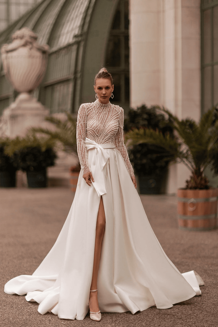 High Neck Wedding Dress with Long Sleeves – Bodice Wedding Dress with Side Bow and High Slit Skirt Plus Size - WonderlandByLilian