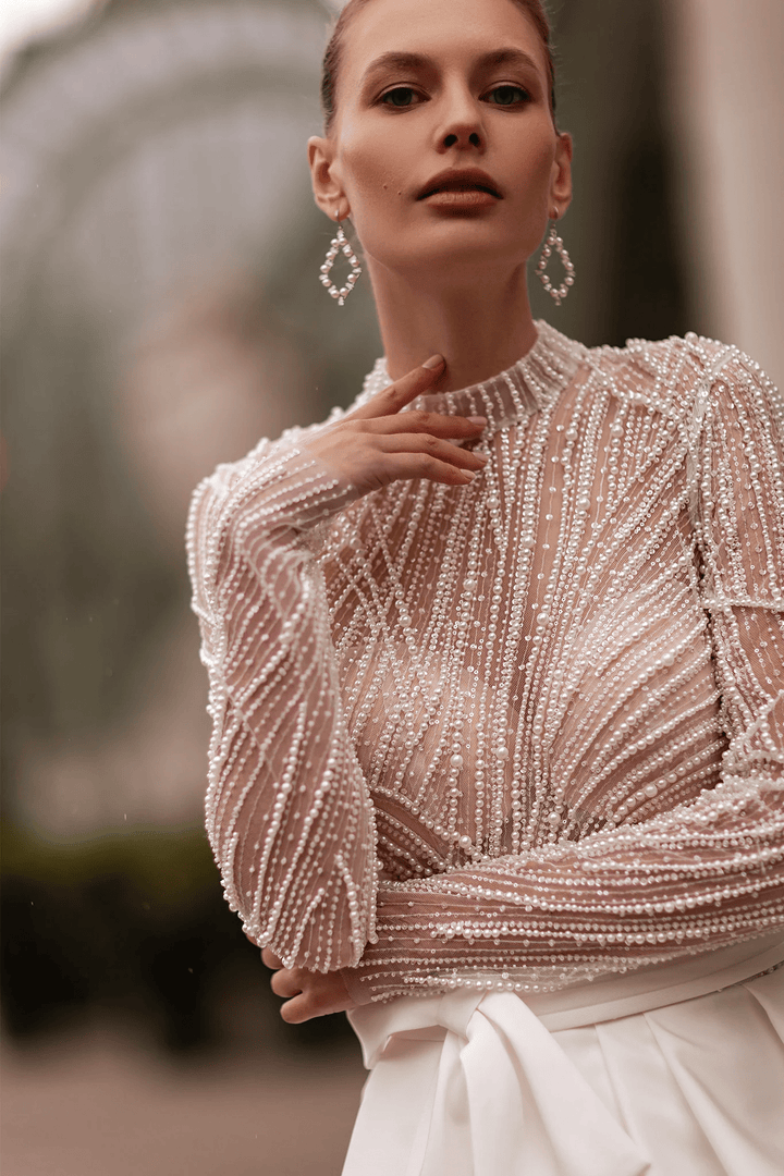 High Neck Wedding Dress with Long Sleeves – Bodice Wedding Dress with Side Bow and High Slit Skirt Plus Size - WonderlandByLilian