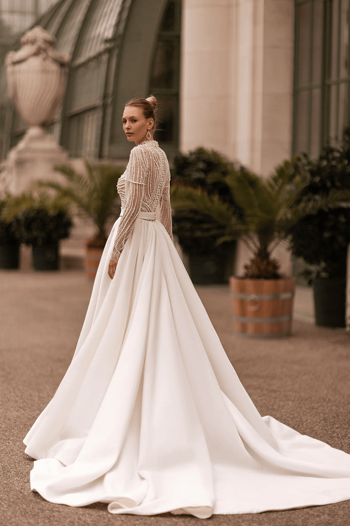 High Neck Wedding Dress with Long Sleeves – Bodice Wedding Dress with Side Bow and High Slit Skirt Plus Size - WonderlandByLilian