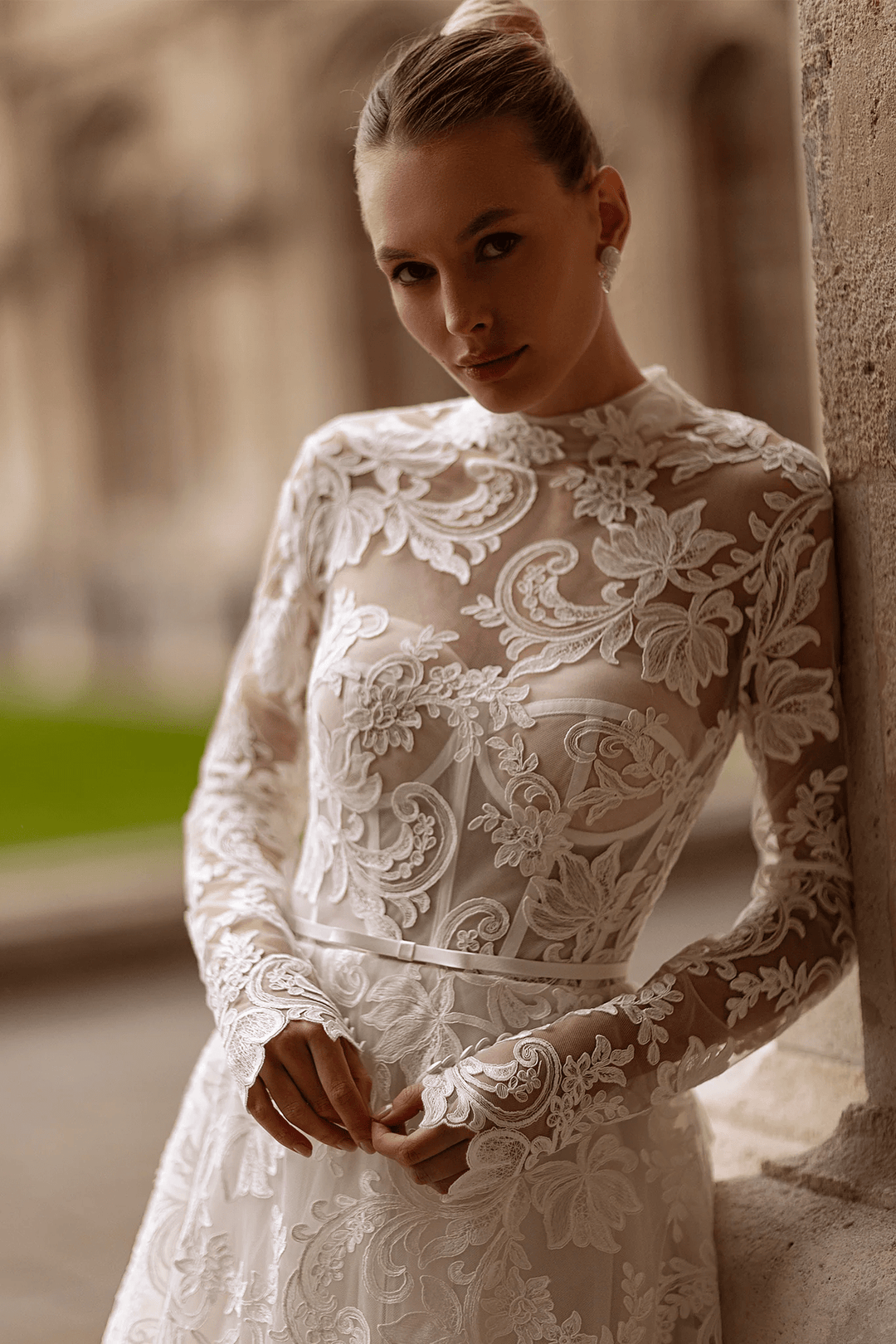 High Neck Wedding Dress with Long Sleeves – Wedding Gown Open Back Lace with Waist Bow Plus Size - WonderlandByLilian