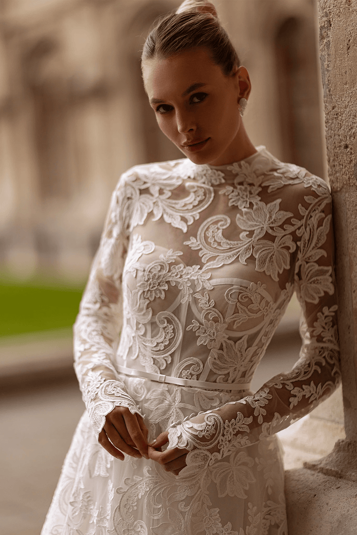 High Neck Wedding Dress with Long Sleeves – Wedding Gown Open Back Lace with Waist Bow Plus Size - WonderlandByLilian