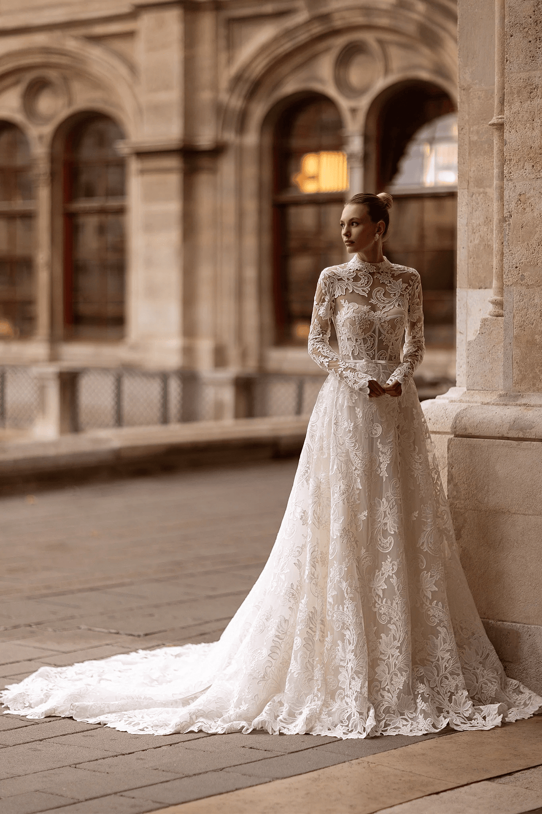 High Neck Wedding Dress with Long Sleeves – Wedding Gown Open Back Lace with Waist Bow Plus Size - WonderlandByLilian
