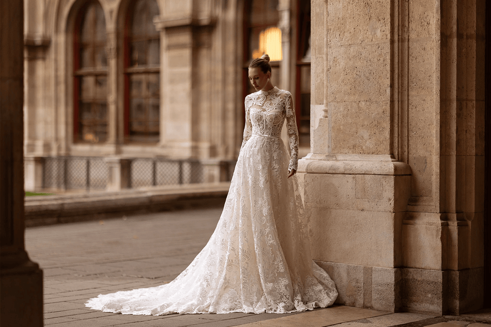 High Neck Wedding Dress with Long Sleeves – Wedding Gown Open Back Lace with Waist Bow Plus Size - WonderlandByLilian