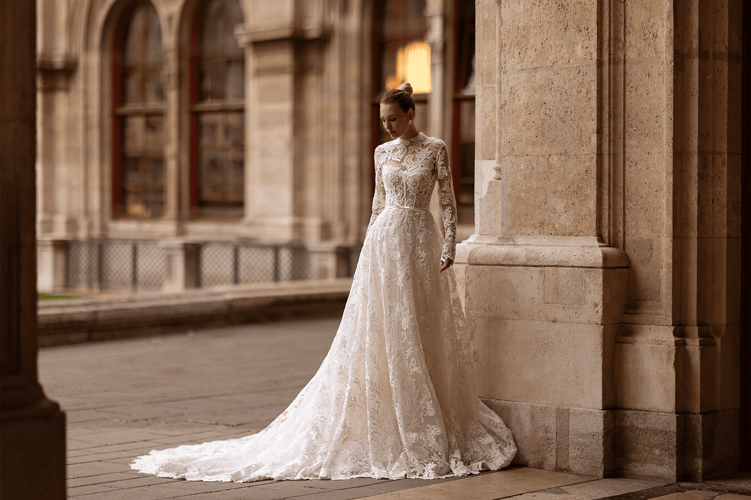 High Neck Wedding Dress with Long Sleeves – Wedding Gown Open Back Lace with Waist Bow Plus Size - WonderlandByLilian