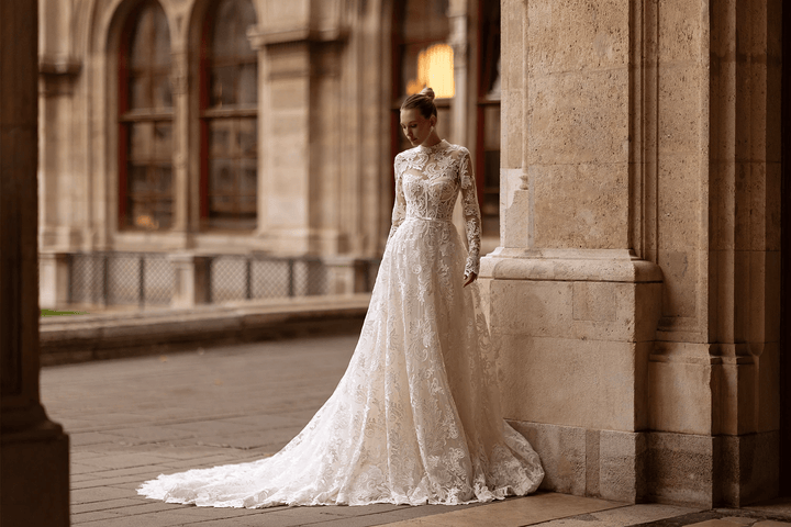 High Neck Wedding Dress with Long Sleeves – Wedding Gown Open Back Lace with Waist Bow Plus Size - WonderlandByLilian