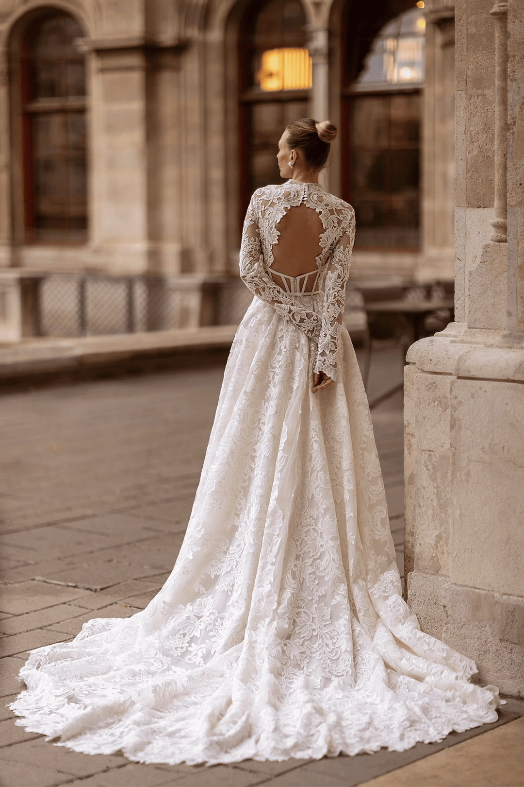 wedding dress open back High Neck Wedding Dress with Long Sleeves – Wedding Gown Open Back Lace with Waist Bow Plus Size Size 26W