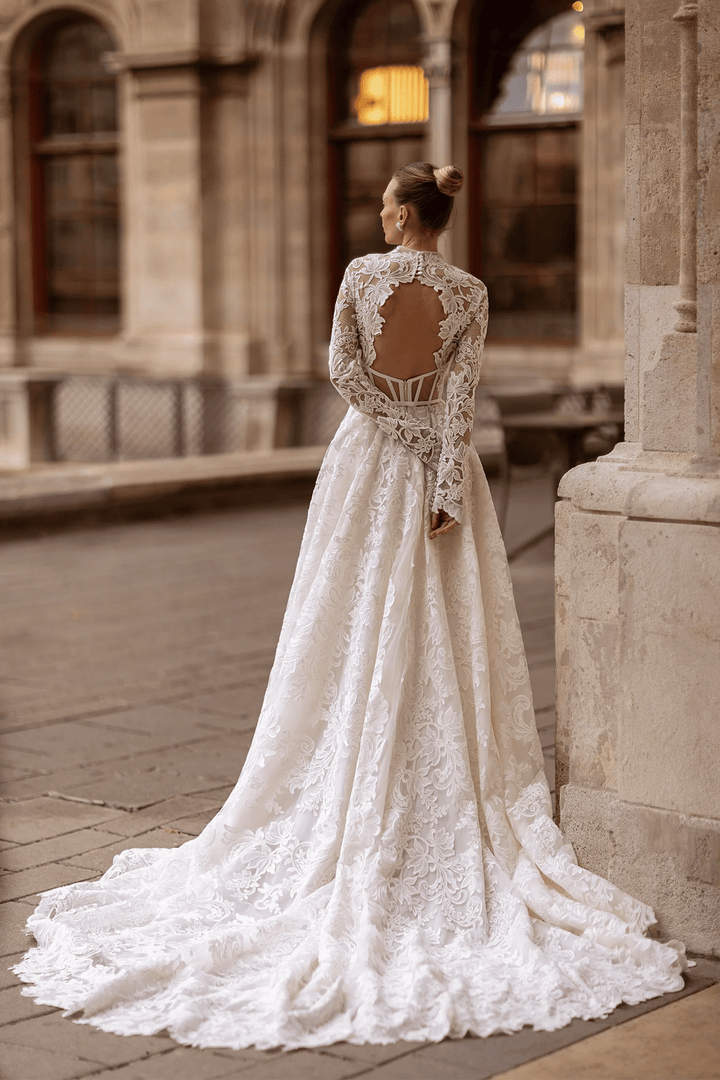 High Neck Wedding Dress with Long Sleeves – Wedding Gown Open Back Lace with Waist Bow Plus Size - WonderlandByLilian