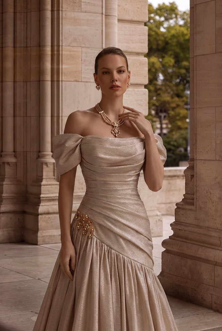 Champagne Satin Off-the-Shoulder Wedding Dress with Corset Back and Long Gloves – Regency Inspired Bridal Gown Plus Size