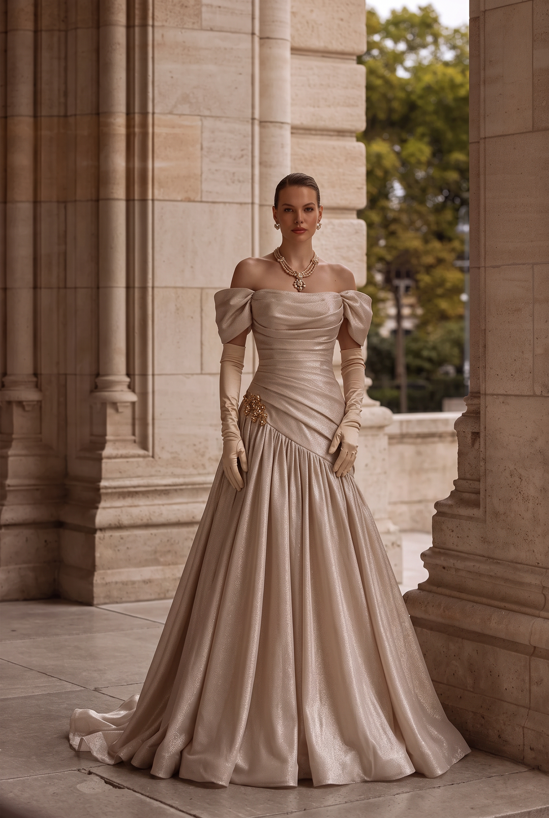 Champagne Satin Off-the-Shoulder Wedding Dress with Corset Back and Long Gloves – Regency Inspired Bridal Gown Plus Size