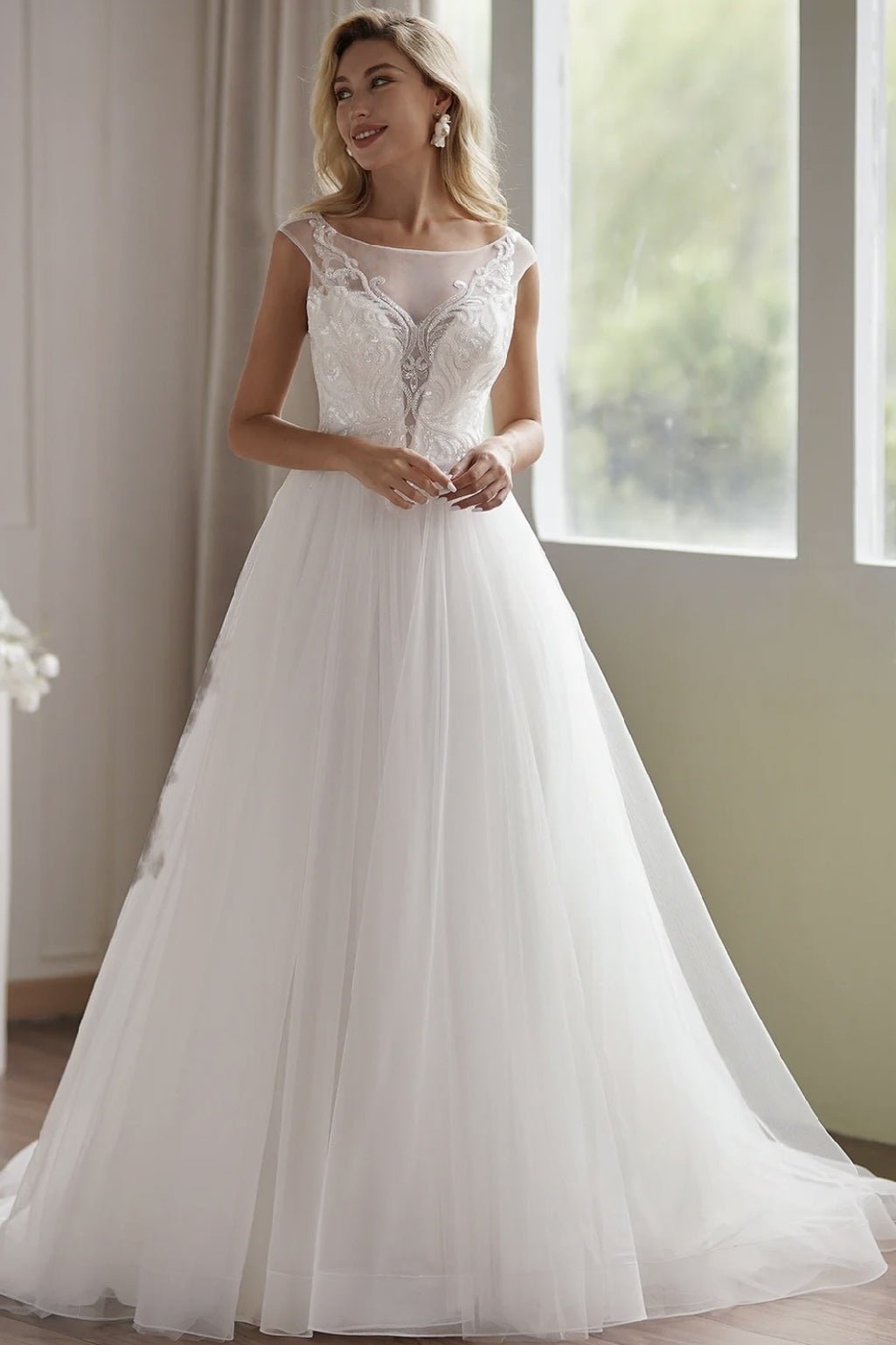 Illusion Cap Sleeve Beaded Lace Light Ivory Embroidery Tulle Wedding Dress - WonderlandByLilian