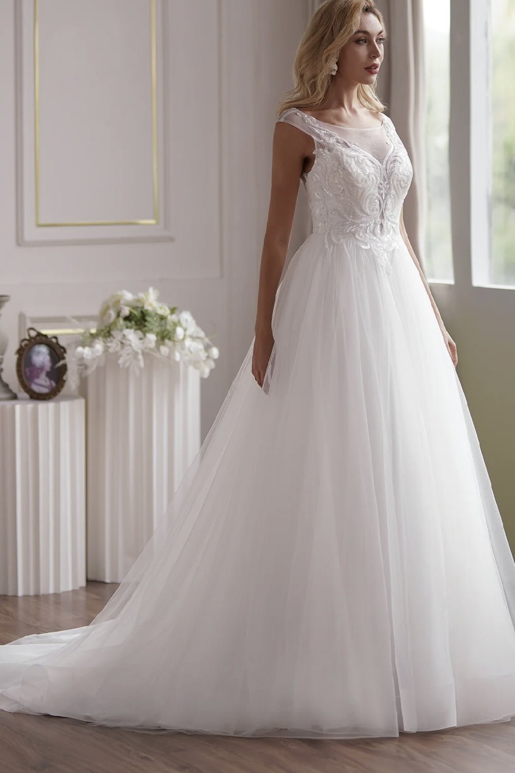 Illusion Cap Sleeve Beaded Lace Light Ivory Embroidery Tulle Wedding Dress - WonderlandByLilian