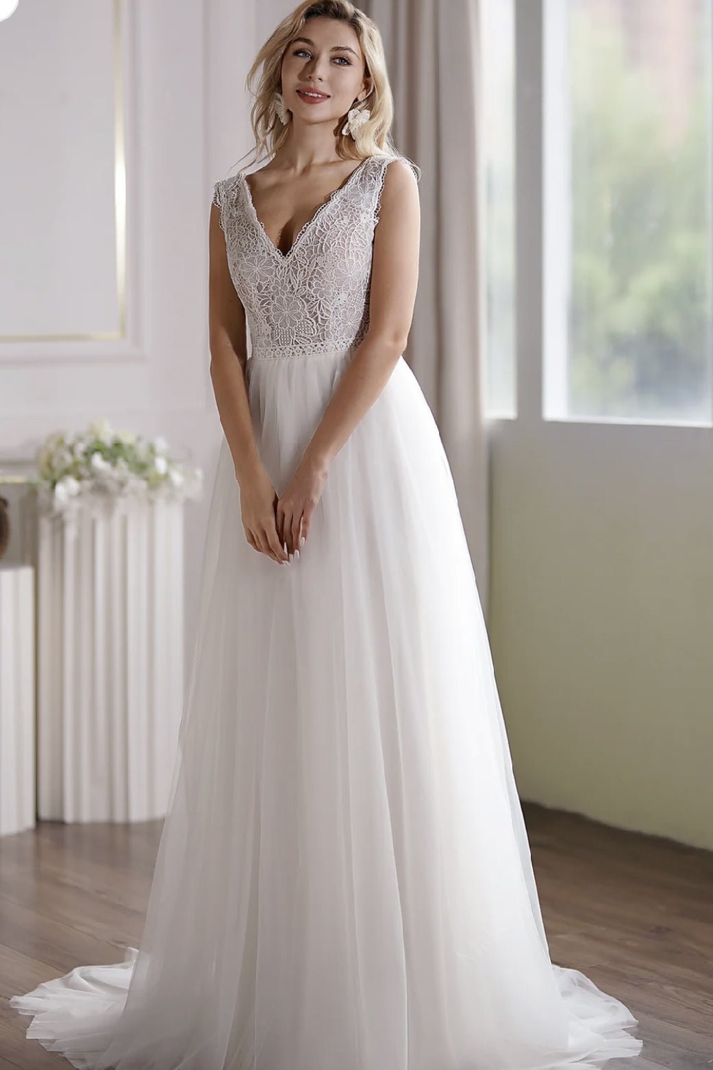 Illusion Lace Light Ivory Embroidery Boho Wedding Dress With Alluring Open Back - WonderlandByLilian