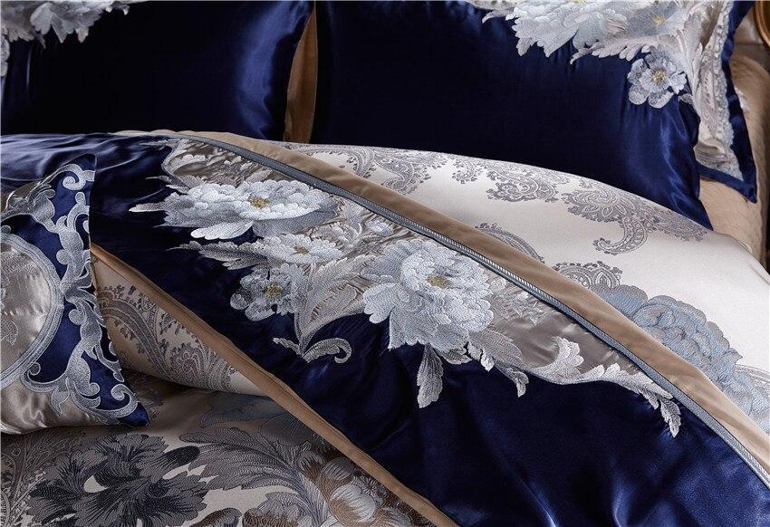 Impero Blue Silver Silk Cotton Jacquard Luxury Chinese Bedding Set - WonderlandByLilian