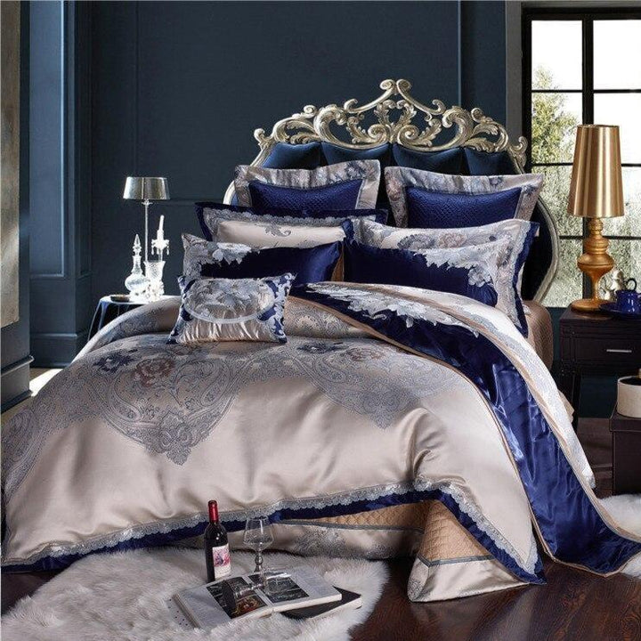 Impero Blue Silver Silk Cotton Jacquard Luxury Chinese Bedding Set - WonderlandByLilian