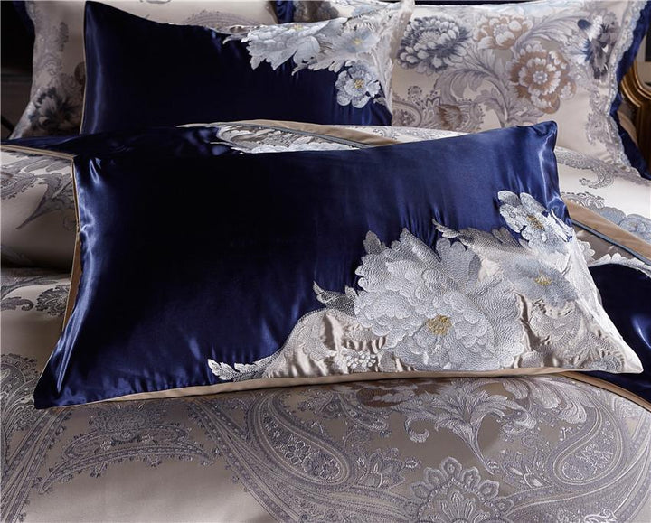 Impero Blue Silver Silk Cotton Jacquard Luxury Chinese Bedding Set - WonderlandByLilian