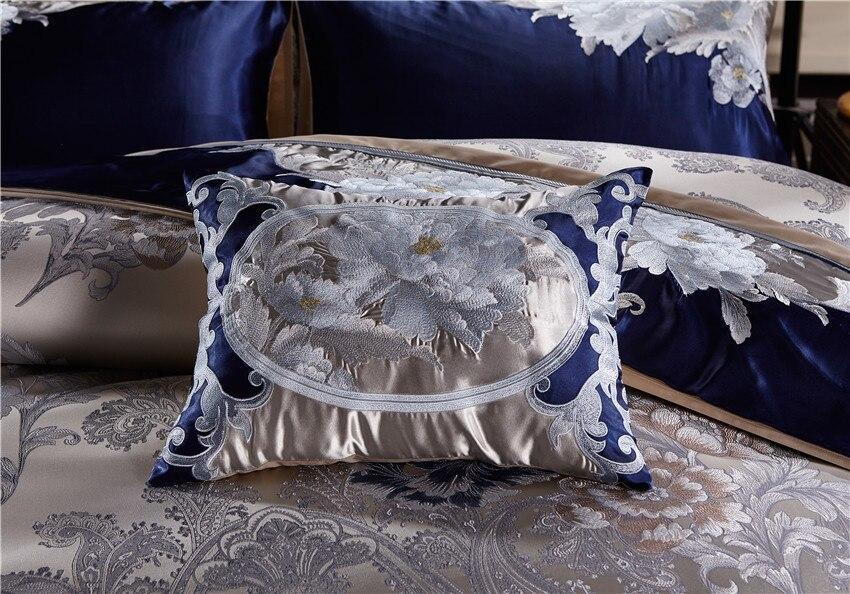 Impero Blue Silver Silk Cotton Jacquard Luxury Chinese Bedding Set - WonderlandByLilian