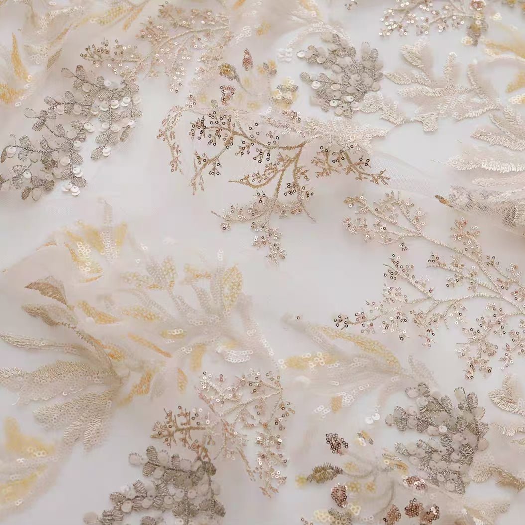 Intricate Full - Width Sequin and Bead Embroidered Tulle Fabric in Soft Cream - WonderlandByLilian