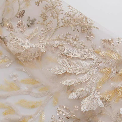 Intricate Full - Width Sequin and Bead Embroidered Tulle Fabric in Soft Cream - WonderlandByLilian