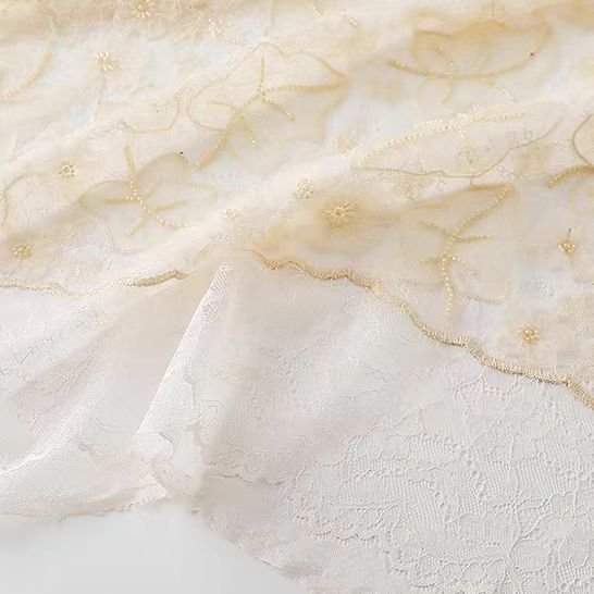 Intricate Maple Leaf Beaded Embroidered Lace Fabric in Soft Cream - WonderlandByLilian