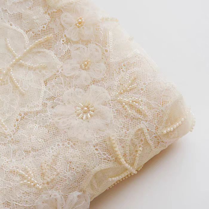 Intricate Maple Leaf Beaded Embroidered Lace Fabric in Soft Cream - WonderlandByLilian