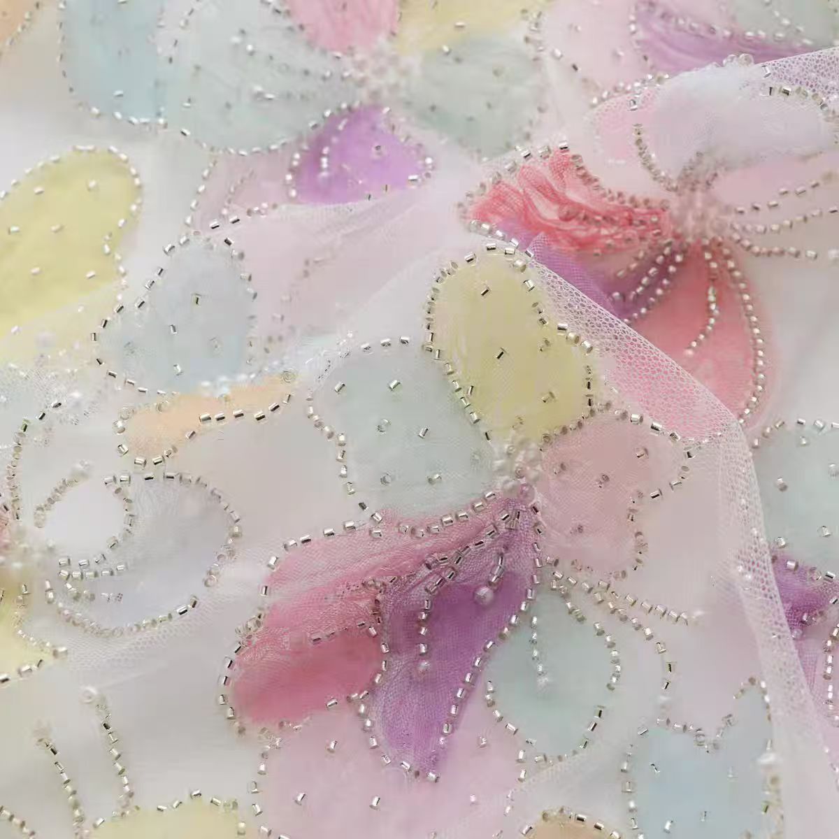 Intricately Embroidered Lace Butterfly Tulle Fabric with Bead Accents for Dresses and Bridal Gowns - WonderlandByLilian