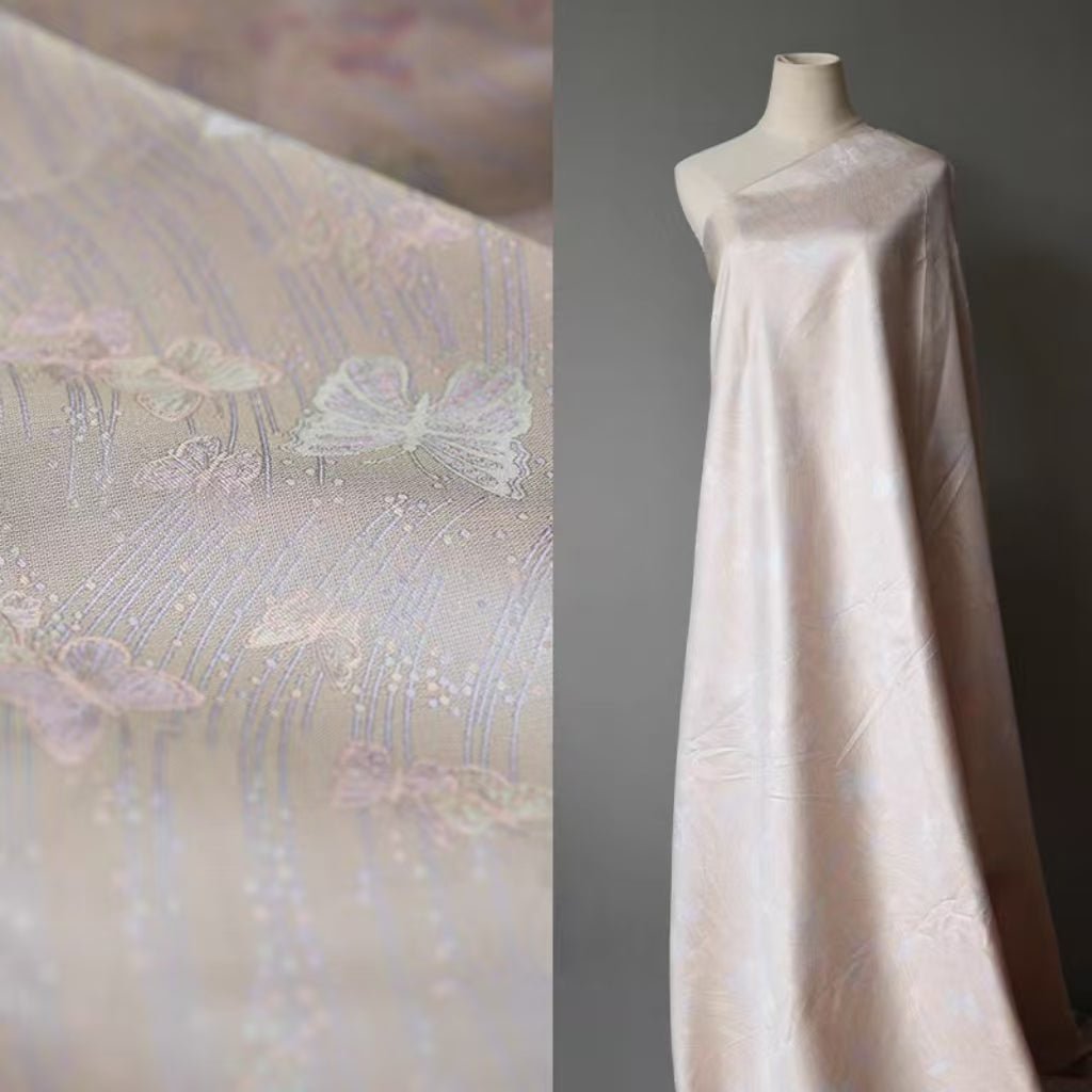 Iridescent Silk Brocade with Butterfly Pattern in Soft Beige - WonderlandByLilian