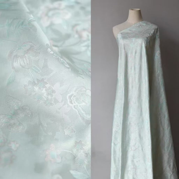 Iridescent Silk Brocade with Gold Thread and Floral Pattern in Soft Green - WonderlandByLilian