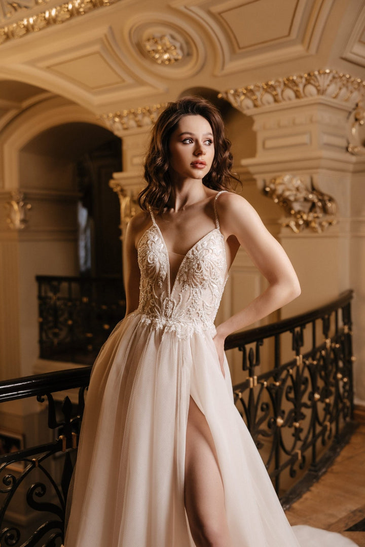 Ivory A - Line Spaghetti Strap Wedding Dress with Sequin – Tulle Wedding Dress with Corset Bodice Plus Size – JULIANA - WonderlandByLilian