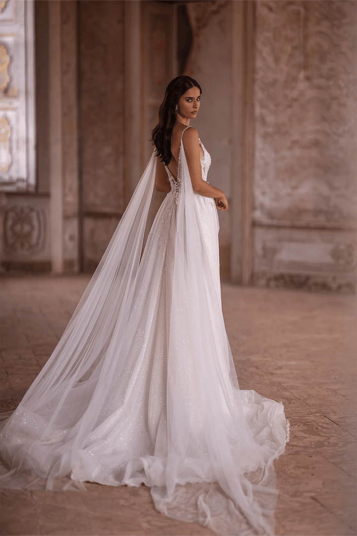 Ivory A - Line Spaghetti Strap Wedding Dress with V - Neck – Sleeveless Lace Wedding Dress with Thigh Slit and Flowing Sheer Train Plus Size - WonderlandByLilian