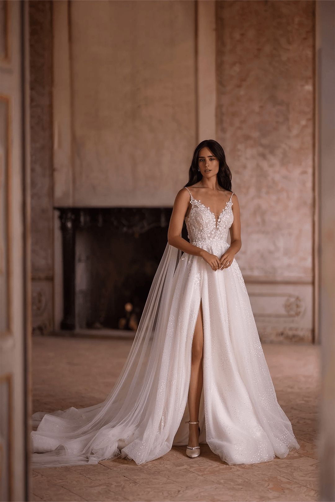 Ivory A - Line Spaghetti Strap Wedding Dress with V - Neck – Sleeveless Lace Wedding Dress with Thigh Slit and Flowing Sheer Train Plus Size - WonderlandByLilian