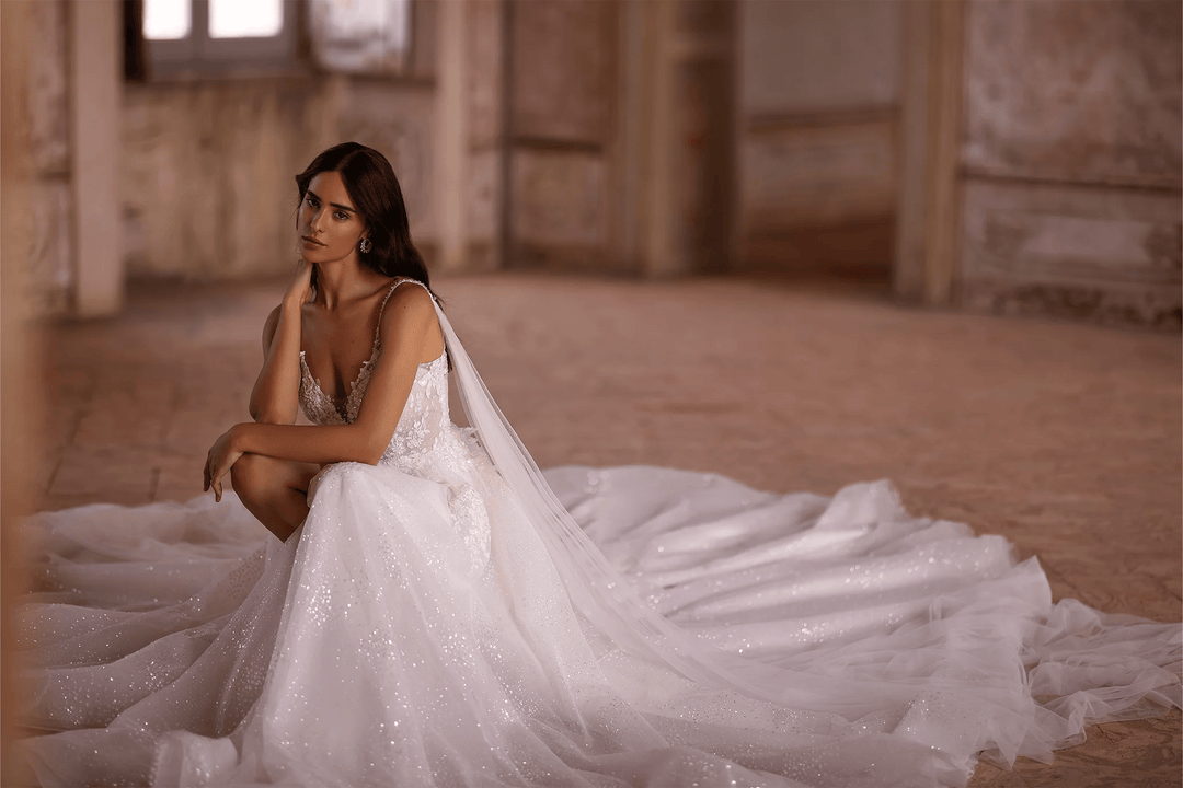 Ivory A - Line Spaghetti Strap Wedding Dress with V - Neck – Sleeveless Lace Wedding Dress with Thigh Slit and Flowing Sheer Train Plus Size - WonderlandByLilian