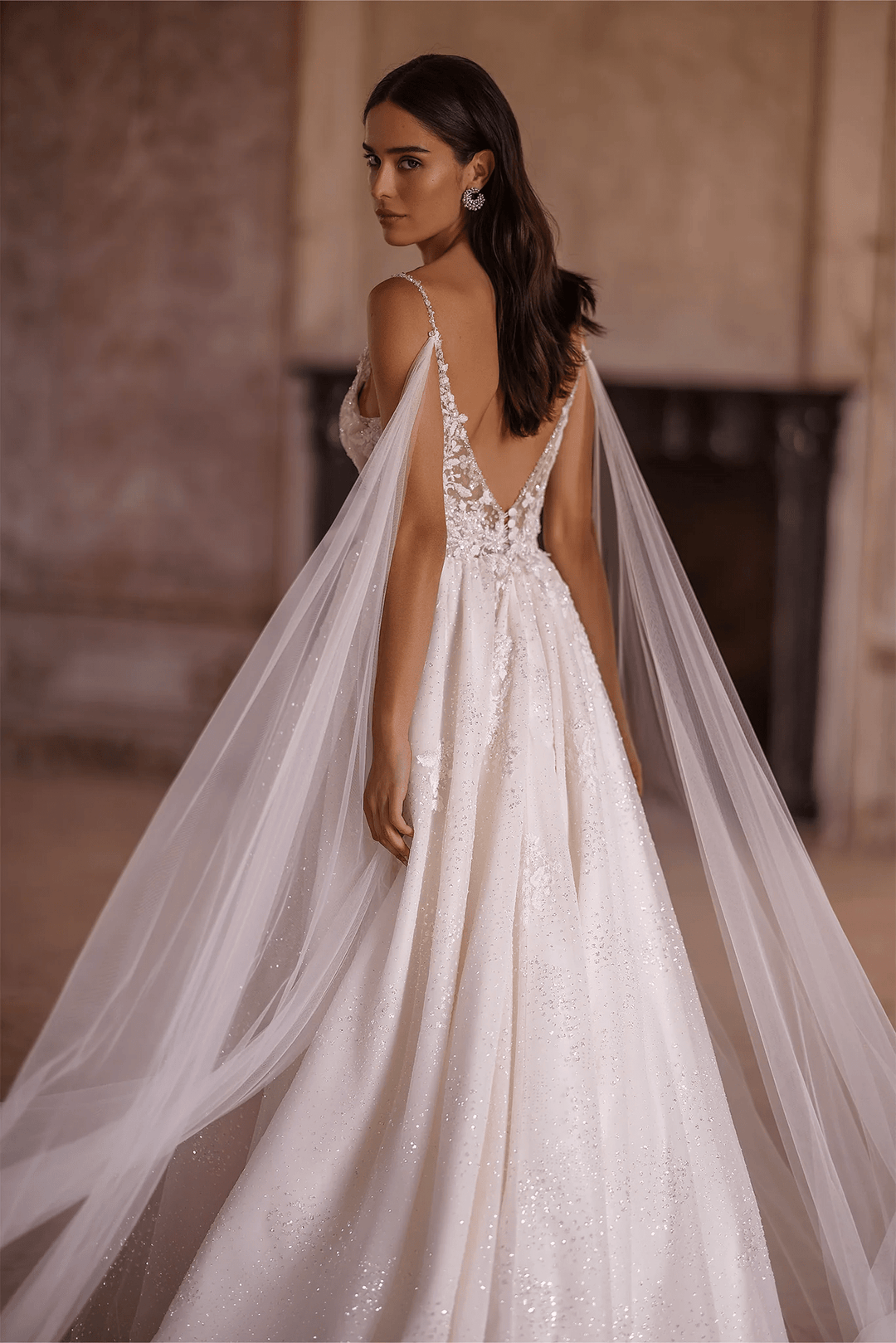 Ivory A - Line Spaghetti Strap Wedding Dress with V - Neck – Sleeveless Lace Wedding Dress with Thigh Slit and Flowing Sheer Train Plus Size - WonderlandByLilian