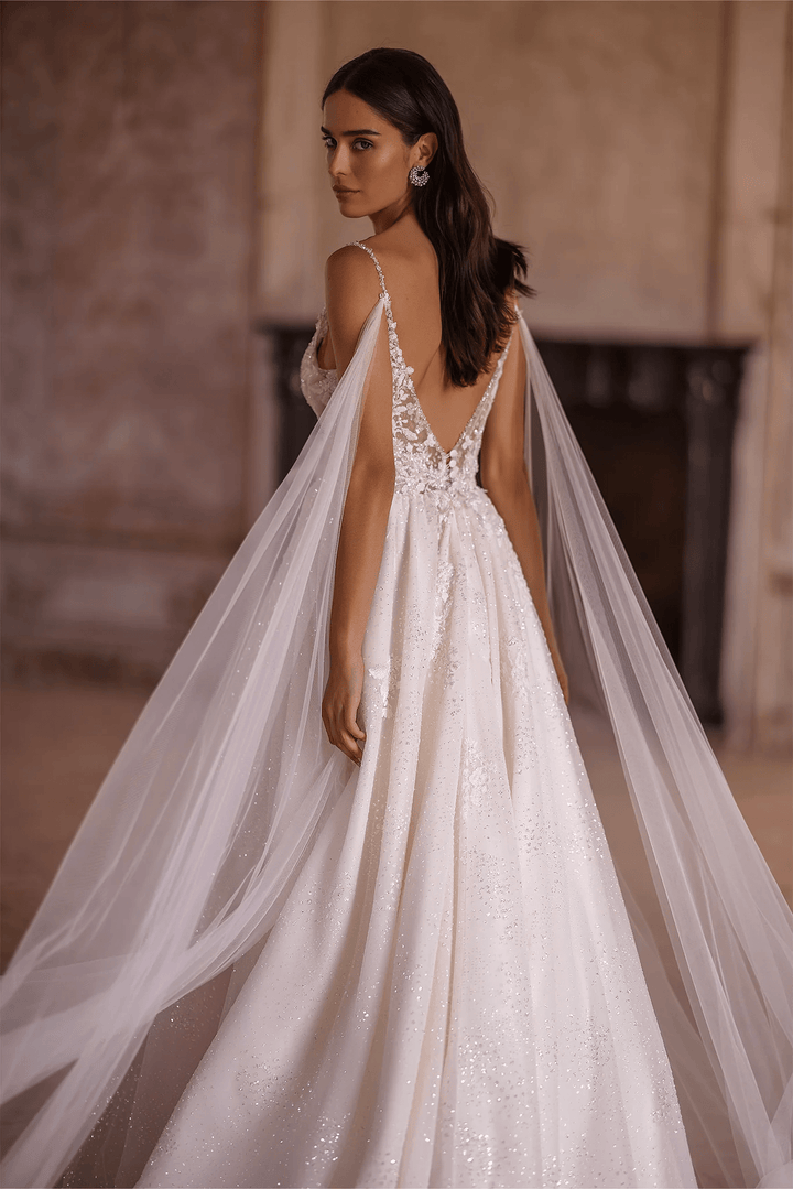 Ivory A - Line Spaghetti Strap Wedding Dress with V - Neck – Sleeveless Lace Wedding Dress with Thigh Slit and Flowing Sheer Train Plus Size - WonderlandByLilian