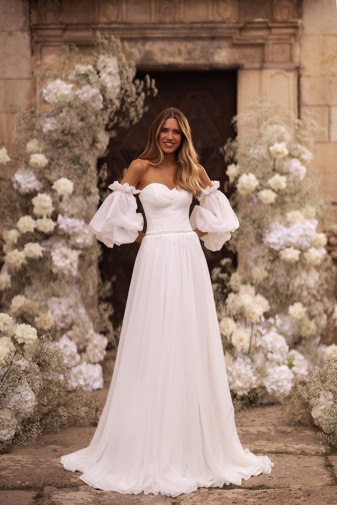 Ivory A-Line Sweetheart Wedding Dress with Puff Sleeves Plus Size - WonderlandByLilian