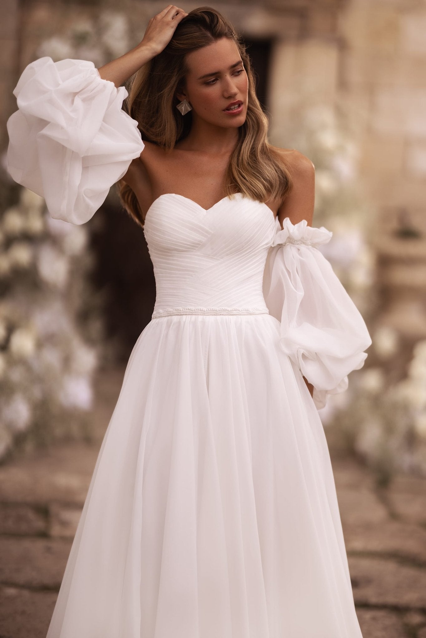 Ivory A-Line Sweetheart Wedding Dress with Puff Sleeves Plus Size - WonderlandByLilian