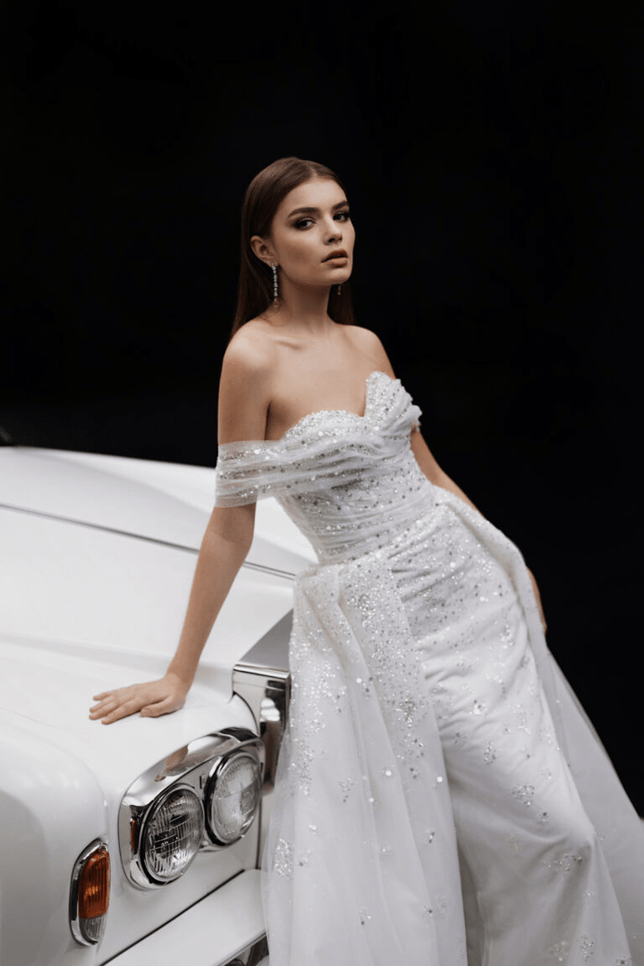 Ivory A - line Wedding Dress - Pretty Sequin Dress - Off Shoulder Wedding Dress Plus Size - ALEXANDRINA - WonderlandByLilian