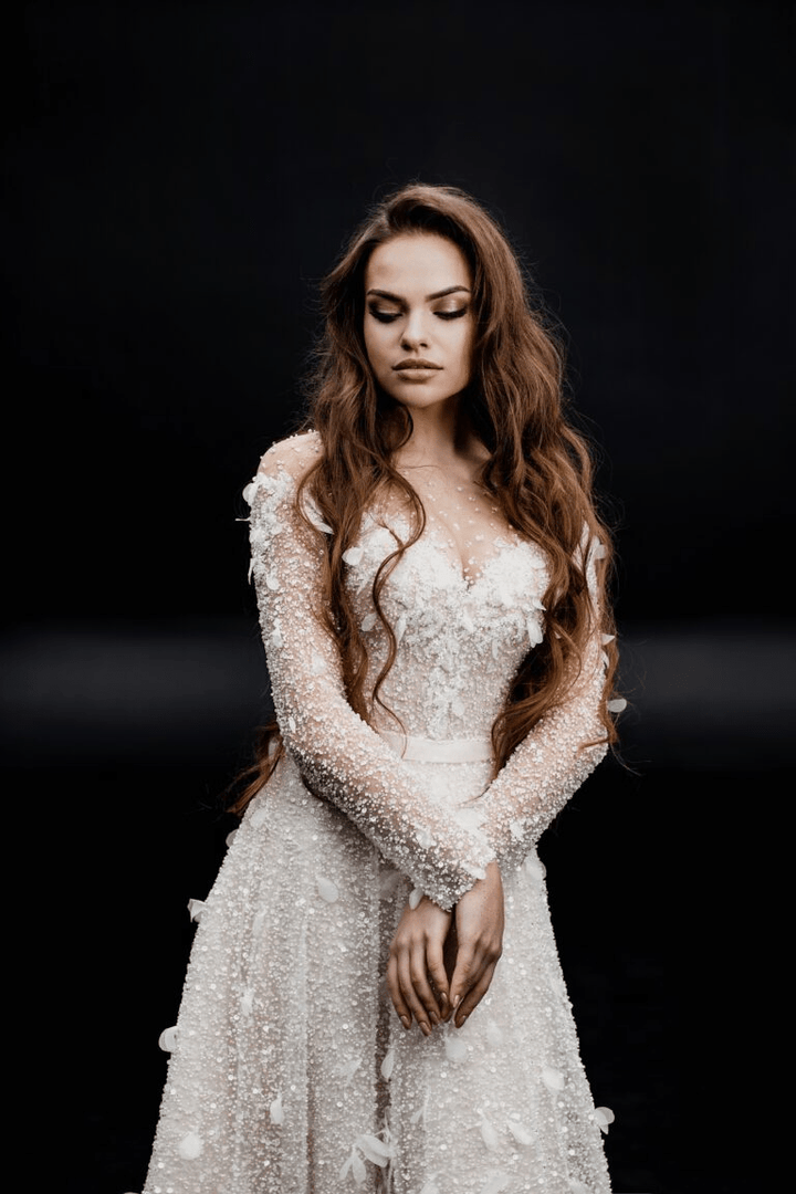 Ivory A - line Wedding Dress - Sequin and Feather Dress - Long Sleeve Wedding Dress Plus Size - BARBARA - WonderlandByLilian