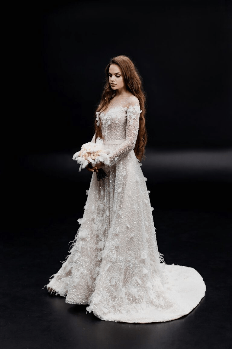 Ivory A-line Wedding Dress - Sequin and Feather Dress - Long Sleeve Wedding Dress Plus Size - BARBARA Size 16W Ivory A-line Wedding Dress - Sequin and Feather Dress - Long Sleeve Wedding Dress Plus Size - BARBARA Size 16W
