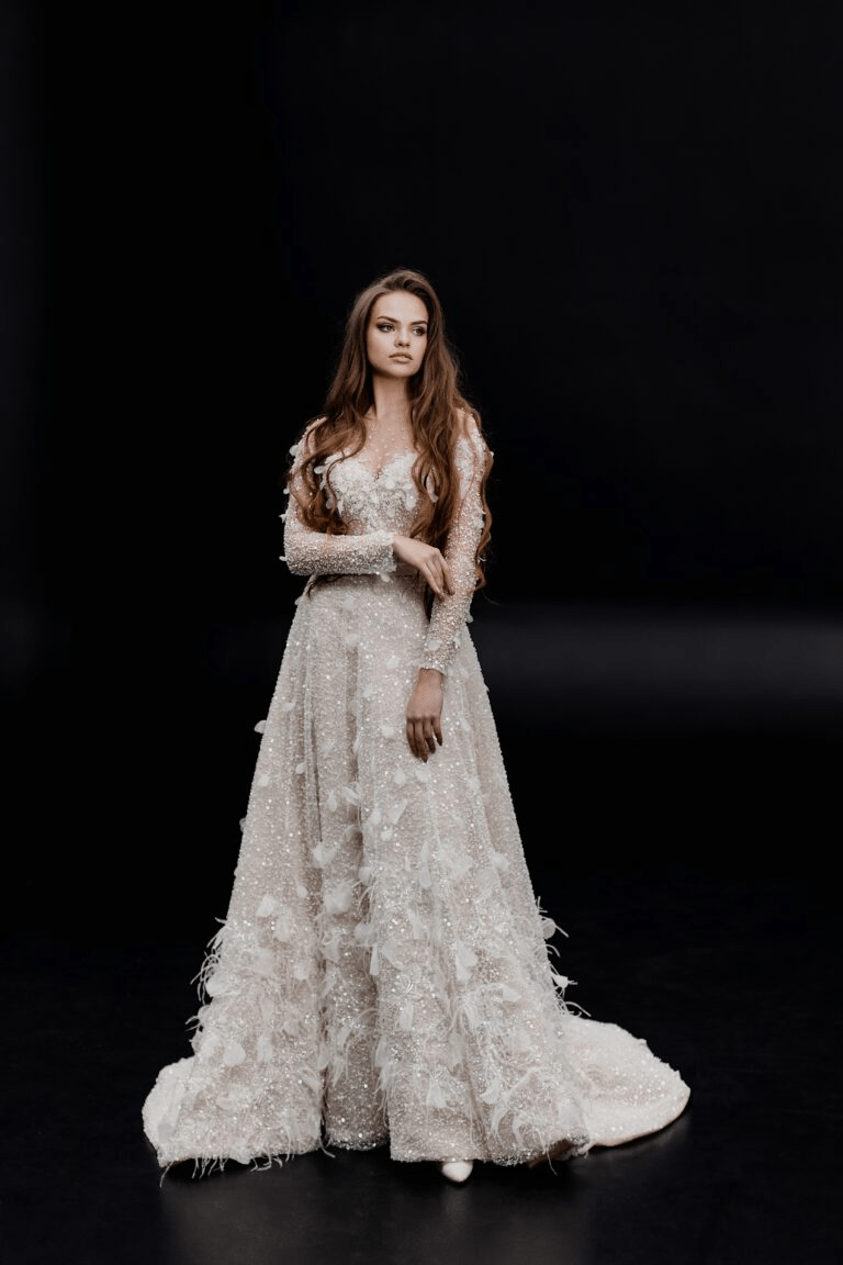 Ivory A - line Wedding Dress - Sequin and Feather Dress - Long Sleeve Wedding Dress Plus Size - BARBARA - WonderlandByLilian