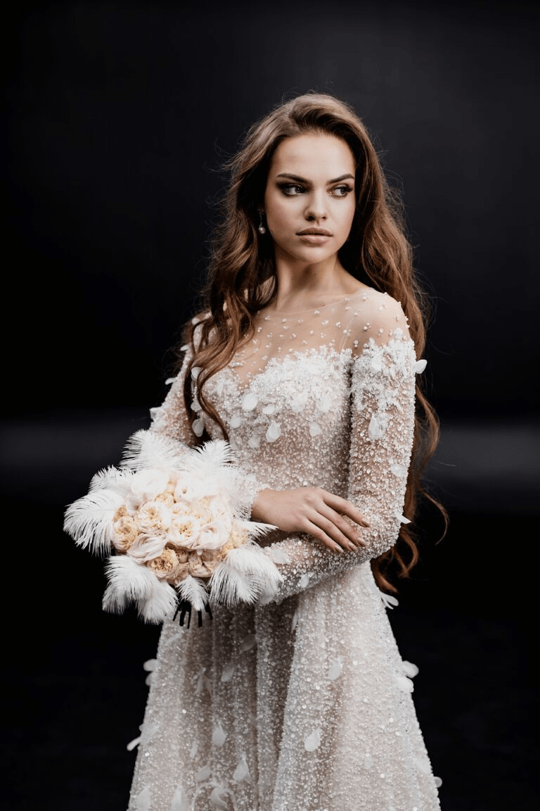 Ivory A-line Wedding Dress - Sequin and Feather Dress - Long Sleeve Wedding Dress Plus Size - BARBARA Size 26W Ivory A-line Wedding Dress - Sequin and Feather Dress - Long Sleeve Wedding Dress Plus Size - BARBARA Size 26W
