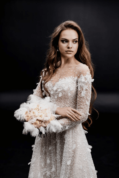 Ivory A - line Wedding Dress - Sequin and Feather Dress - Long Sleeve Wedding Dress Plus Size - BARBARA - WonderlandByLilian