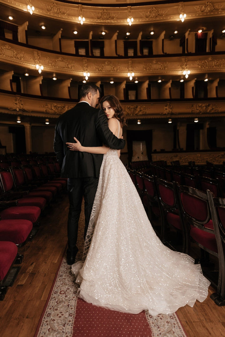 Ivory A - Line Wedding Dress with Deep Neckline – Sleeveless Sparkly Wedding Dress Plus Size – SCARLETT - WonderlandByLilian