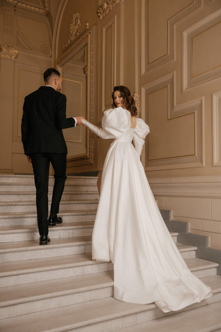 Ivory A - Line Wedding Dress with Empire Waist – Long Sleeves Wedding Dress with High Slit Plus Size – PAOLA - WonderlandByLilian