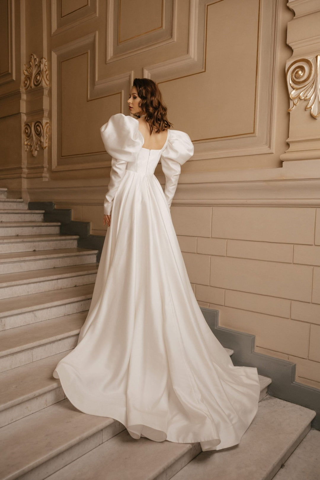 Ivory A - Line Wedding Dress with Empire Waist – Long Sleeves Wedding Dress with High Slit Plus Size – PAOLA - WonderlandByLilian