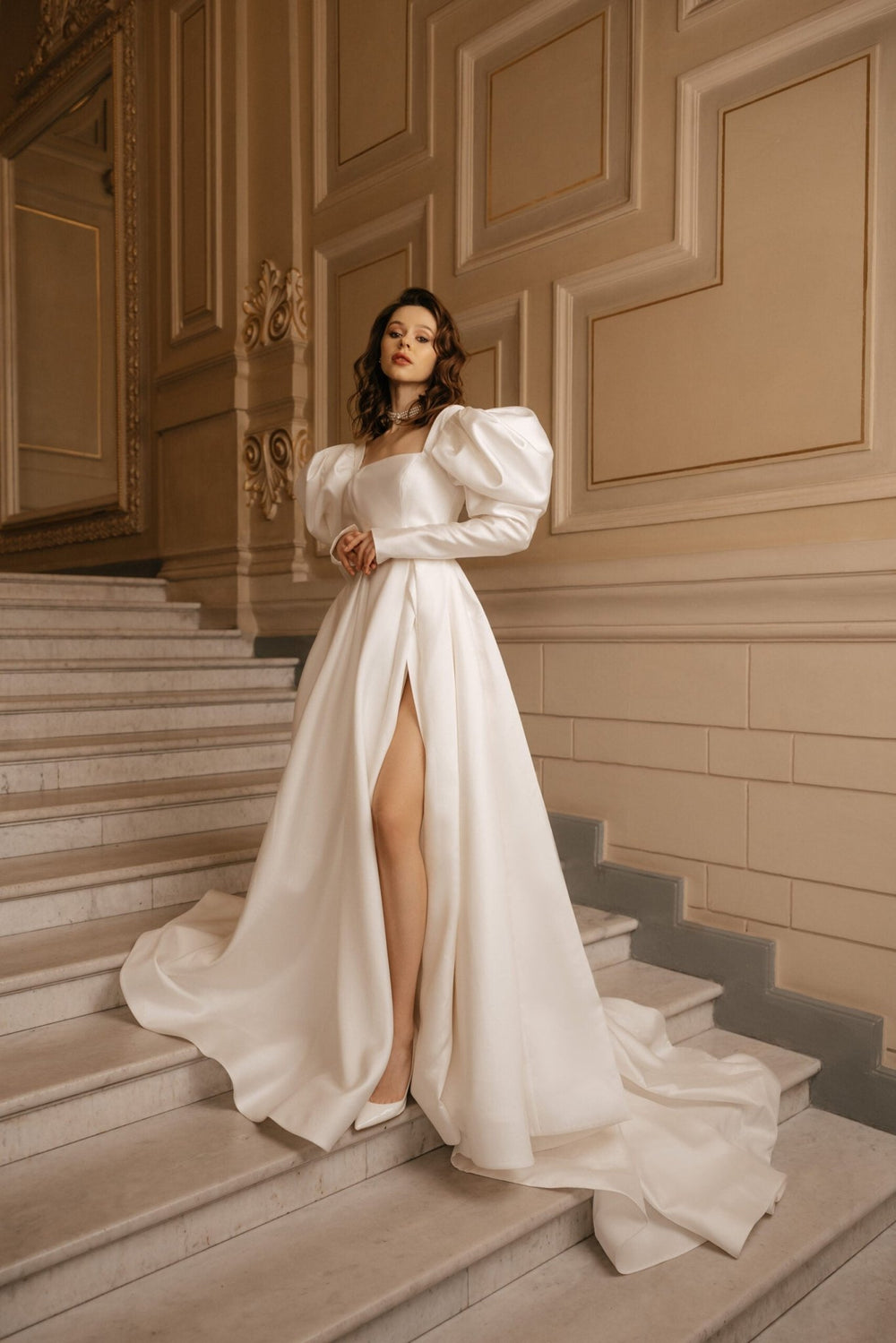 Ivory A - Line Wedding Dress with Empire Waist – Long Sleeves Wedding Dress with High Slit Plus Size – PAOLA - WonderlandByLilian
