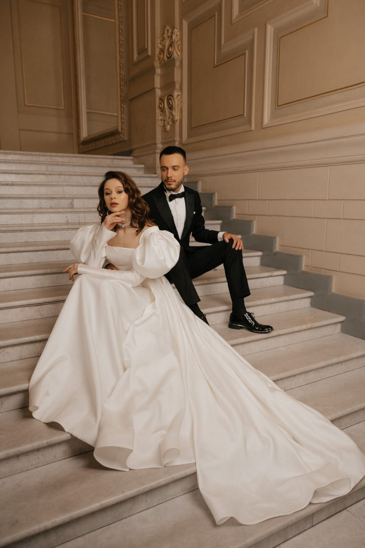 Ivory A - Line Wedding Dress with Empire Waist – Long Sleeves Wedding Dress with High Slit Plus Size – PAOLA - WonderlandByLilian