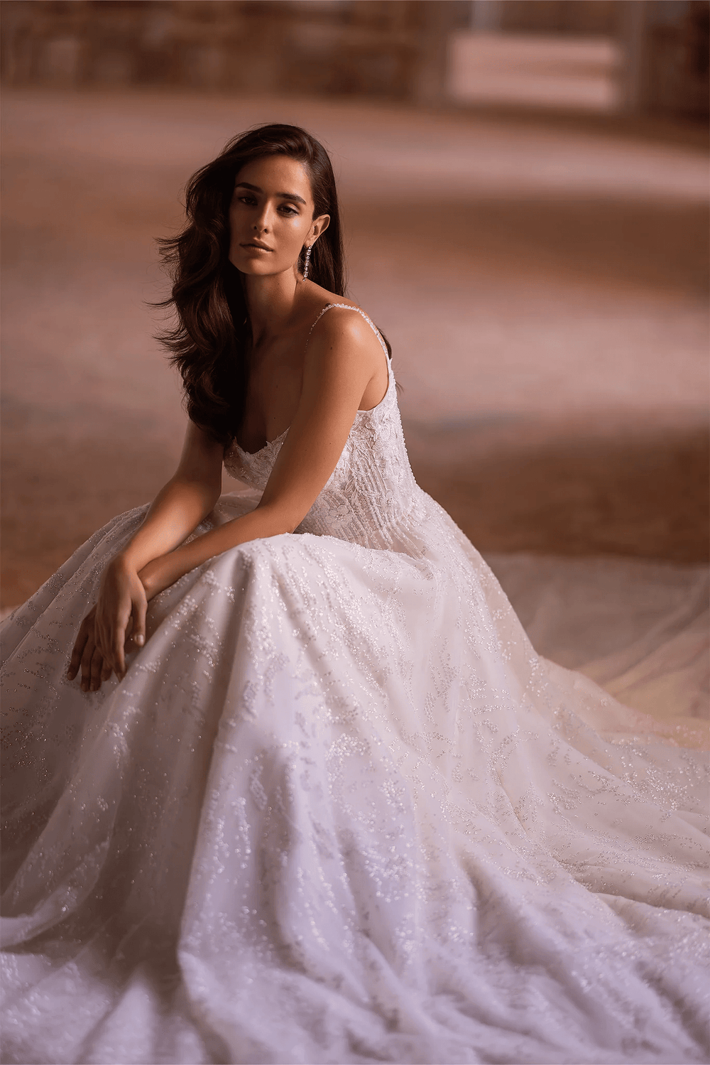 Ivory A - Line Wedding Dress with Floral Guipure Bodice – A - Line Spaghetti Strap Wedding dress with Floral Train Plus Size - WonderlandByLilian