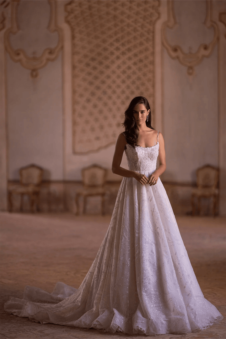 Ivory A - Line Wedding Dress with Floral Guipure Bodice – A - Line Spaghetti Strap Wedding dress with Floral Train Plus Size - WonderlandByLilian