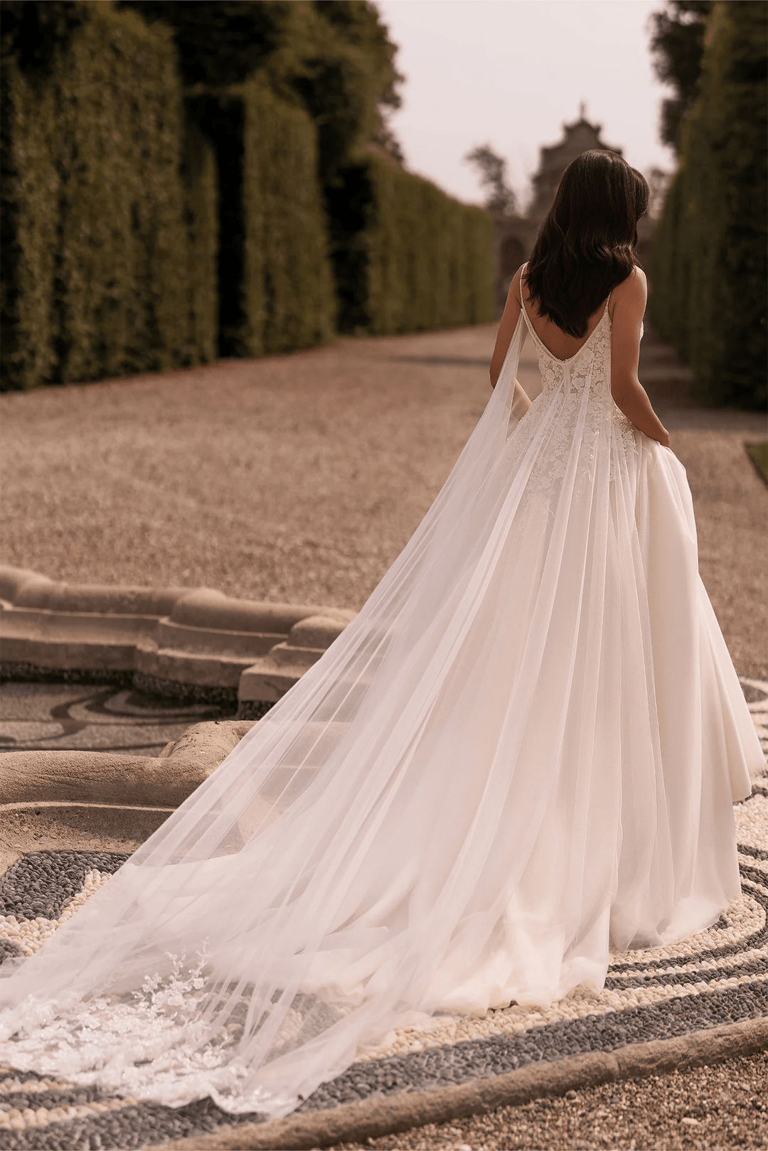 Ivory A - Line Wedding Dress with Floral Guipure Bodice and Sheer Skirt – Spaghetti Strap Wedding Gown with Flowing Veil Plus Size - WonderlandByLilian