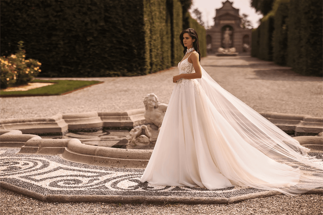 Ivory A - Line Wedding Dress with Floral Guipure Bodice and Sheer Skirt – Spaghetti Strap Wedding Gown with Flowing Veil Plus Size - WonderlandByLilian